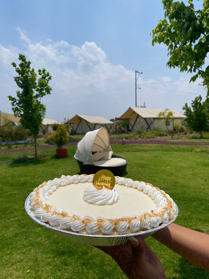 Person holding a cream-topped pie outdoors in a grassy area with tents and a clear sky in the background.