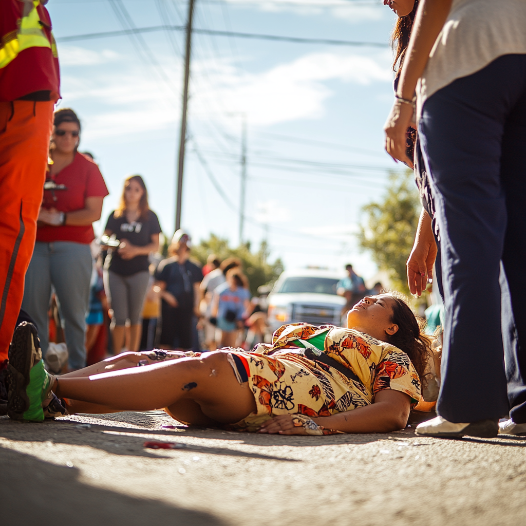 Person lying on the ground, surrounded by concerned onlookers in a busy street scene during daylight.