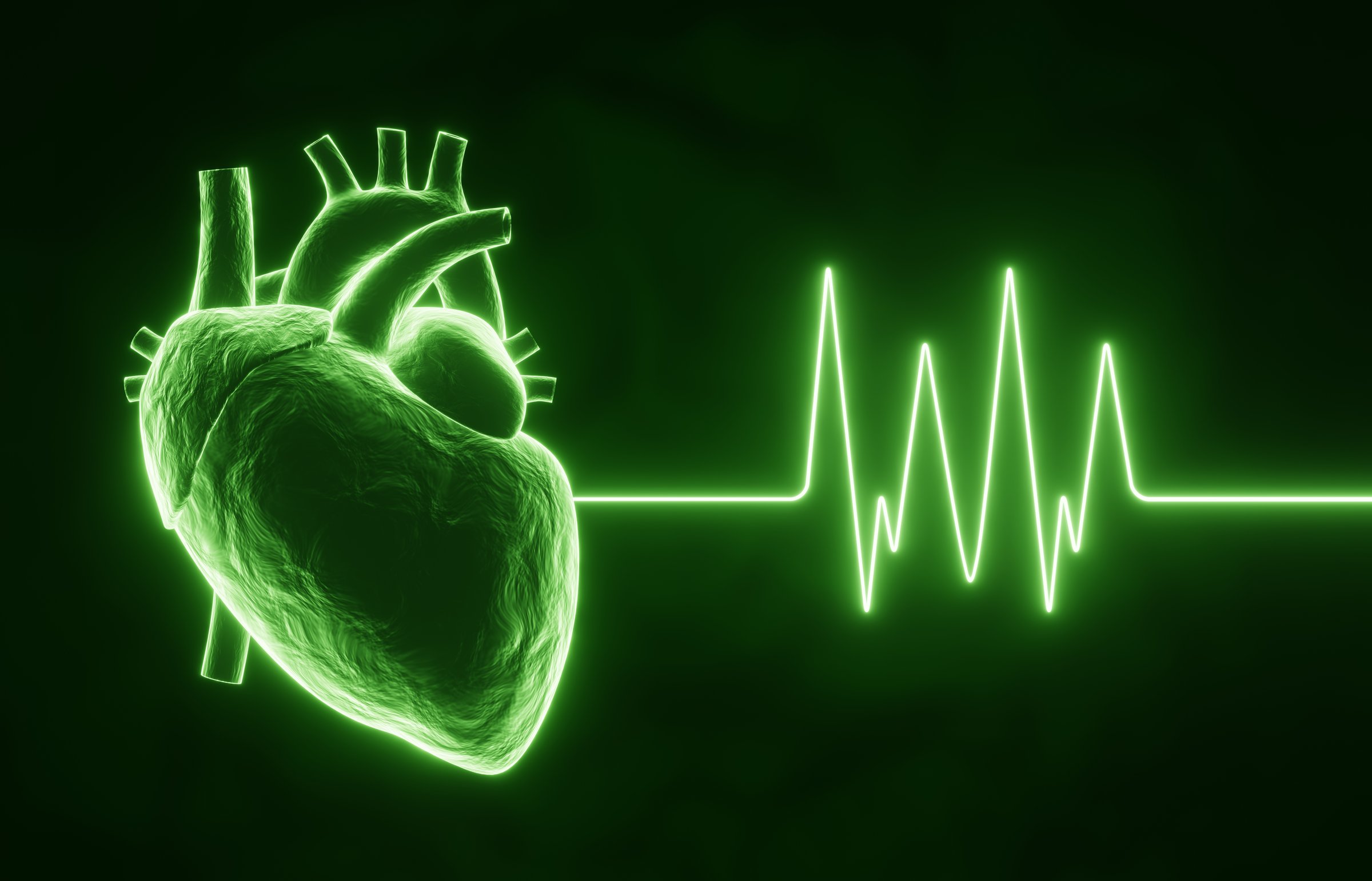 Glowing human heart with pulse line