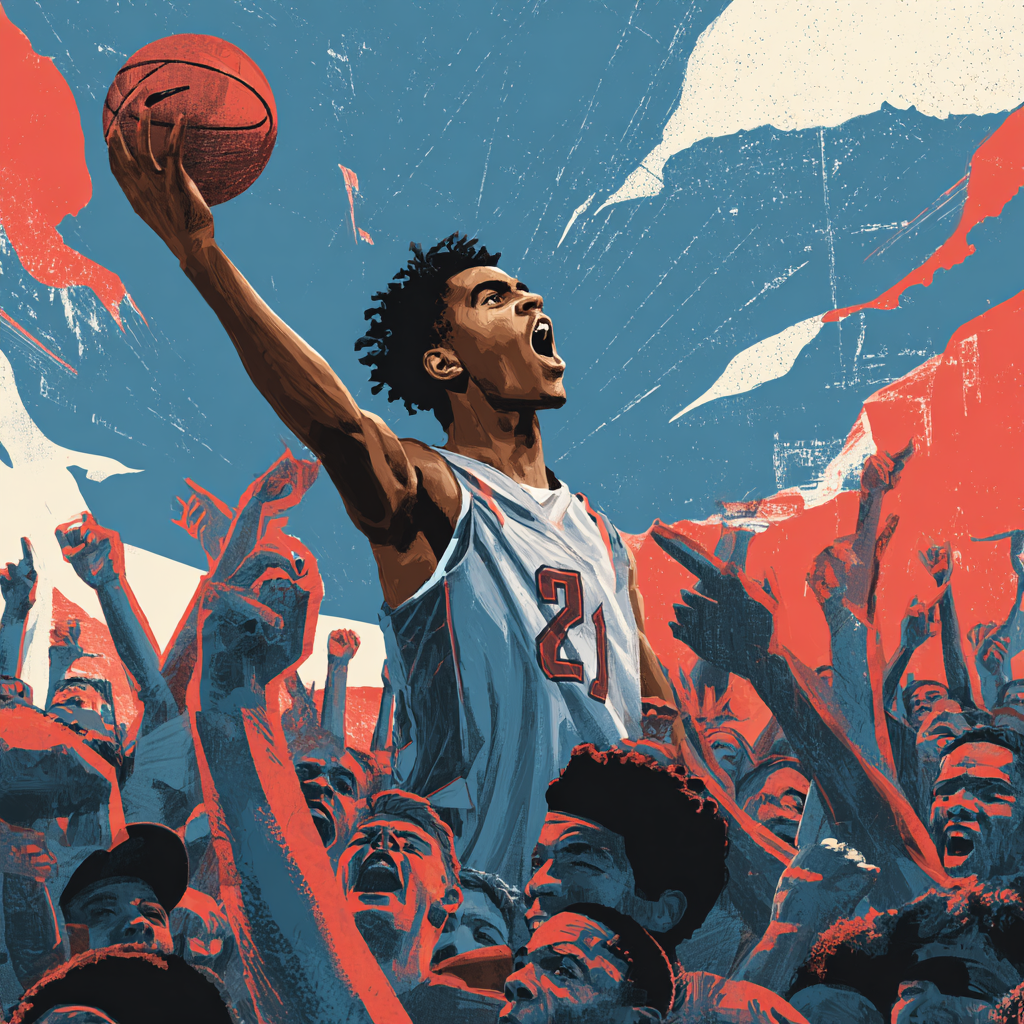 Young Black basketball player making game-winning shot