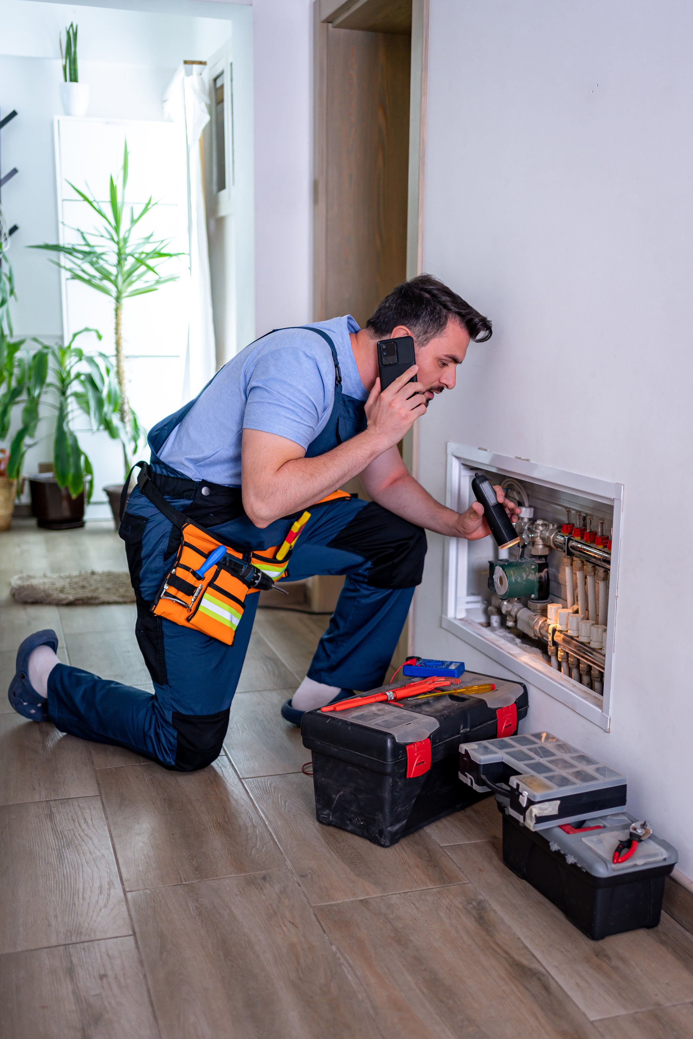 Handyman kneels inside a home, fixing heating equipment while speaking on the phone.