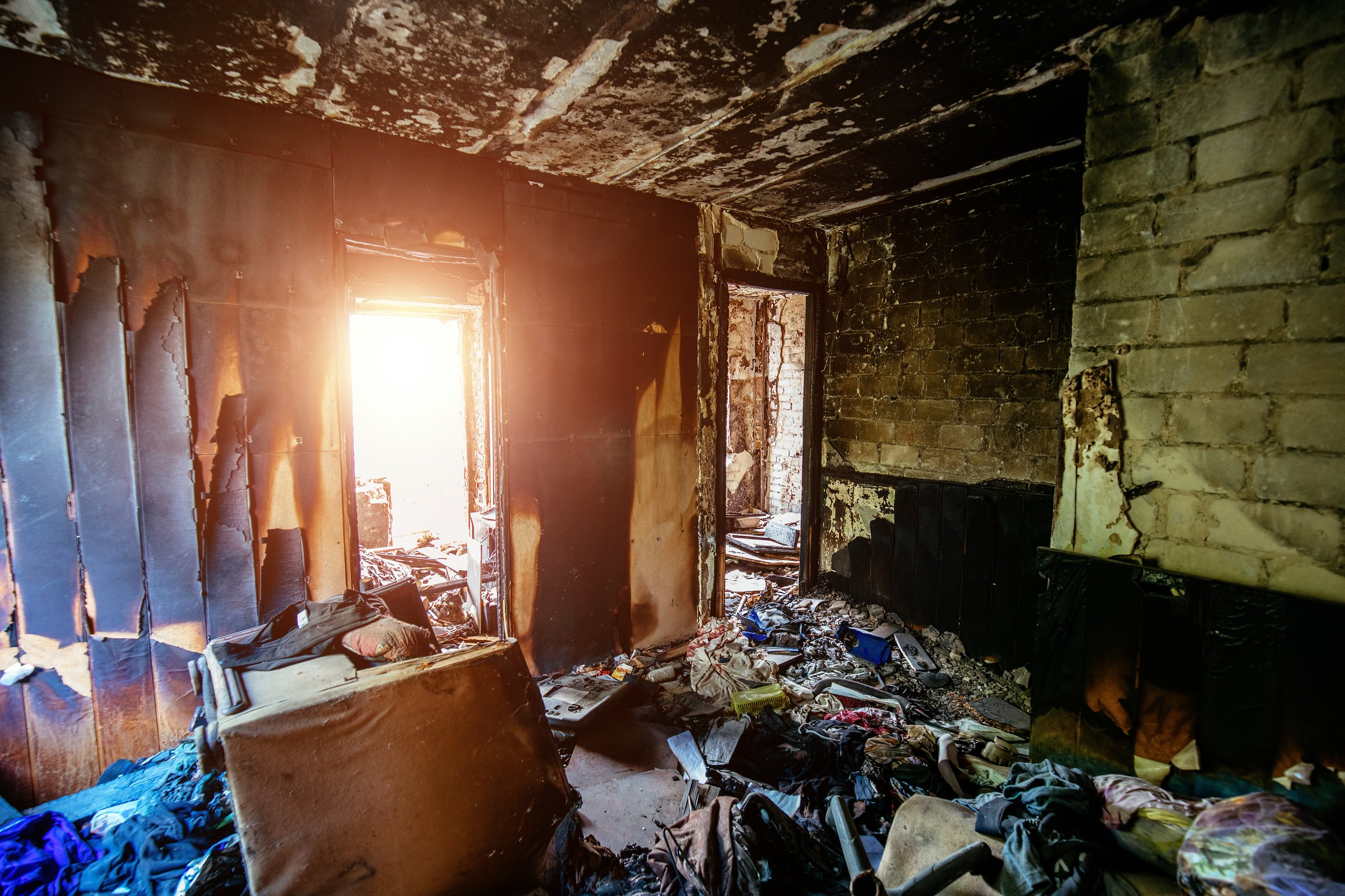 Burnt house interior after fire.