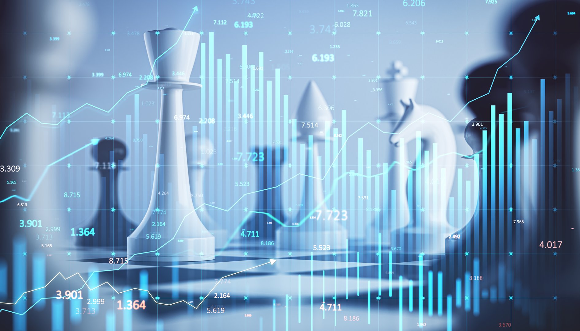 Chess pieces blended with financial data graphs, blue digital light effects, on a blurred background. Concept of strategy in finance and investment
