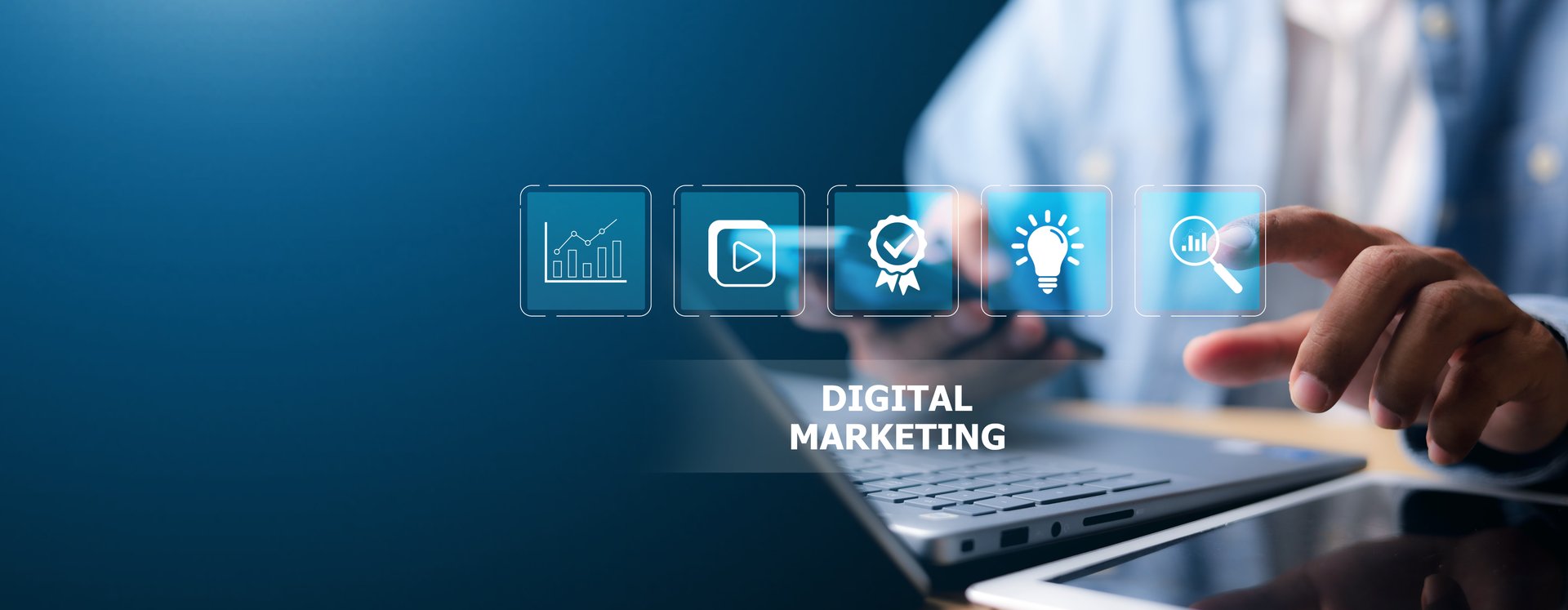 Digital marketing technology concept. Internet. Online. Search Engine Optimisation. SEO. SMM. Video Advertising.