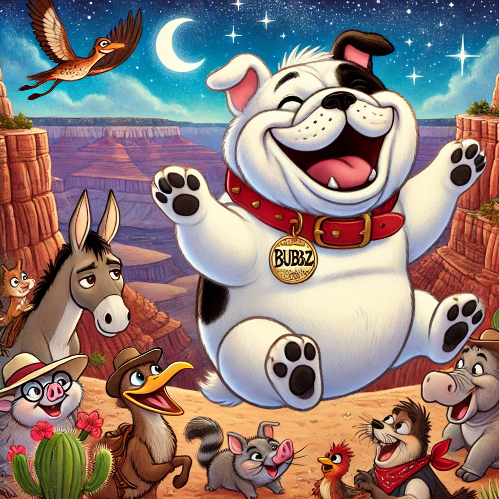 A joyful cartoon bulldog with a Bubbz tag surrounded by cheerful animals in a canyon under a starry sky and crescent moon.