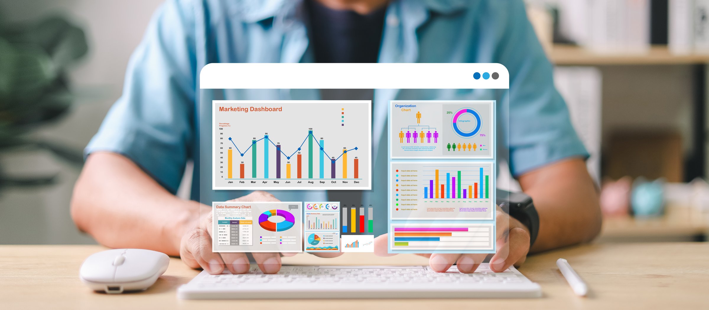 Marketer using digital marketing dashboard with charts, pie graphs, organization chart, and performance data. Concept of business analytics and strategic planning.