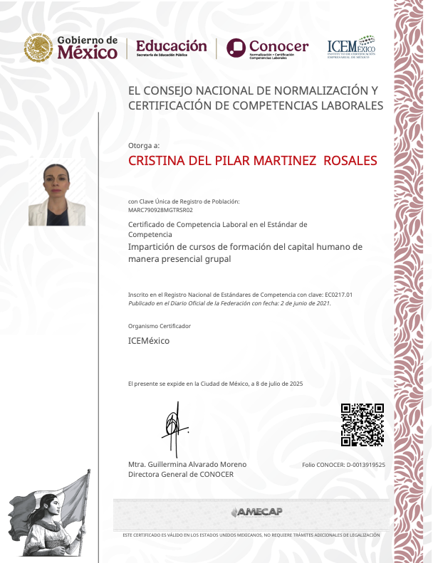 Certificado Digital CONOCER de Cristina del Pilar Martínez Rosales - ICE México