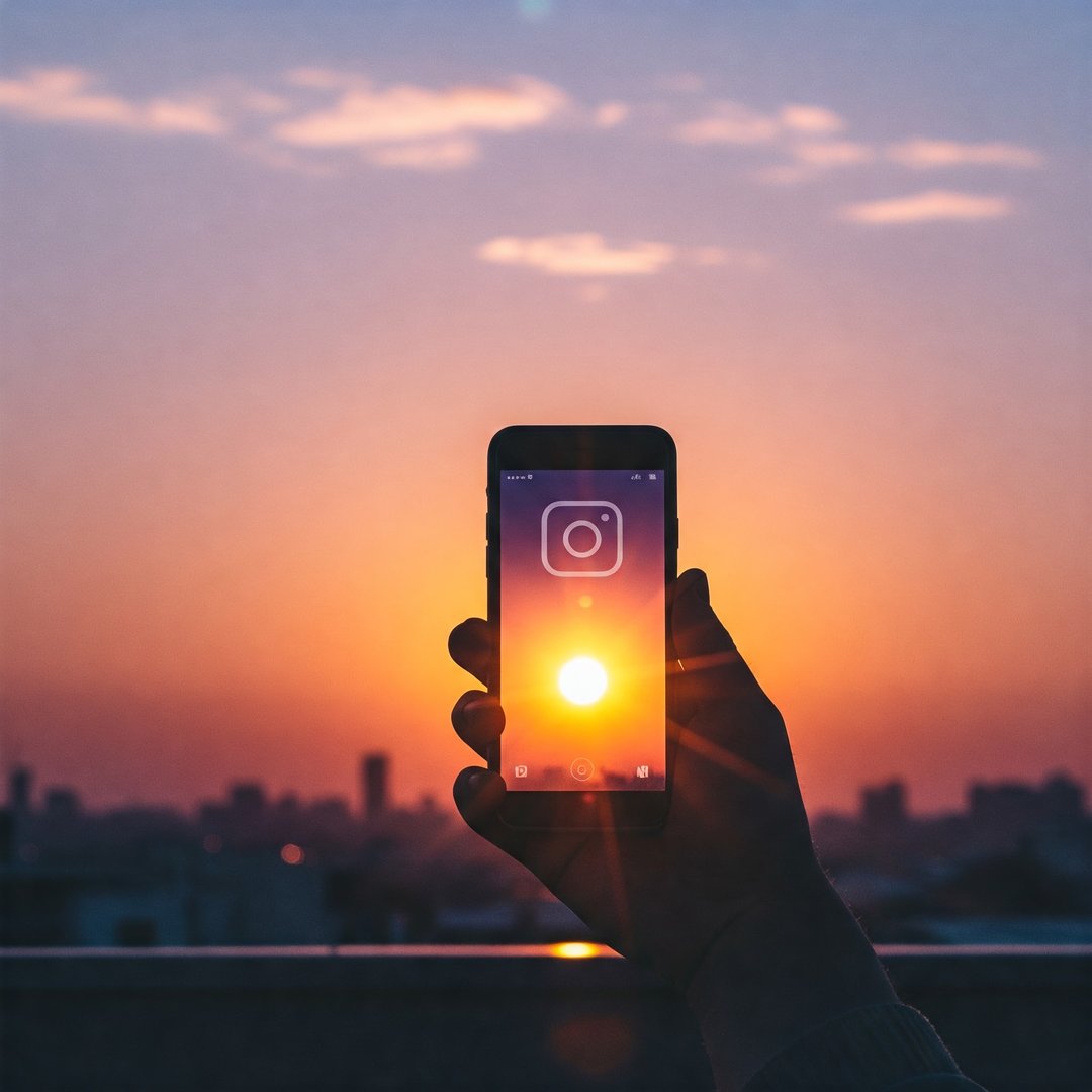 Hand holding a smartphone against a sunset with Instagram logo on the screen; city skyline in the background.