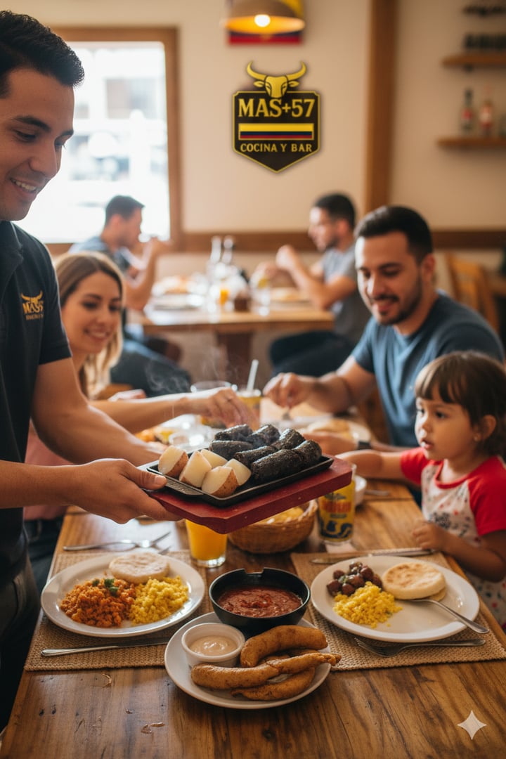 Familia colombiana disfrutando de comida tradicional juntos