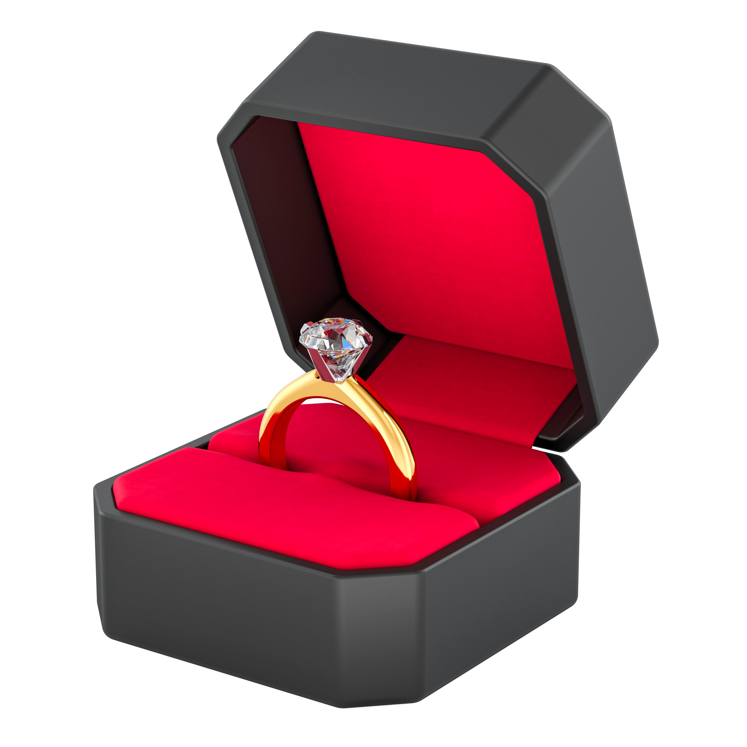 Ring box with diamond ring inside, 3D rendering isolated on white background