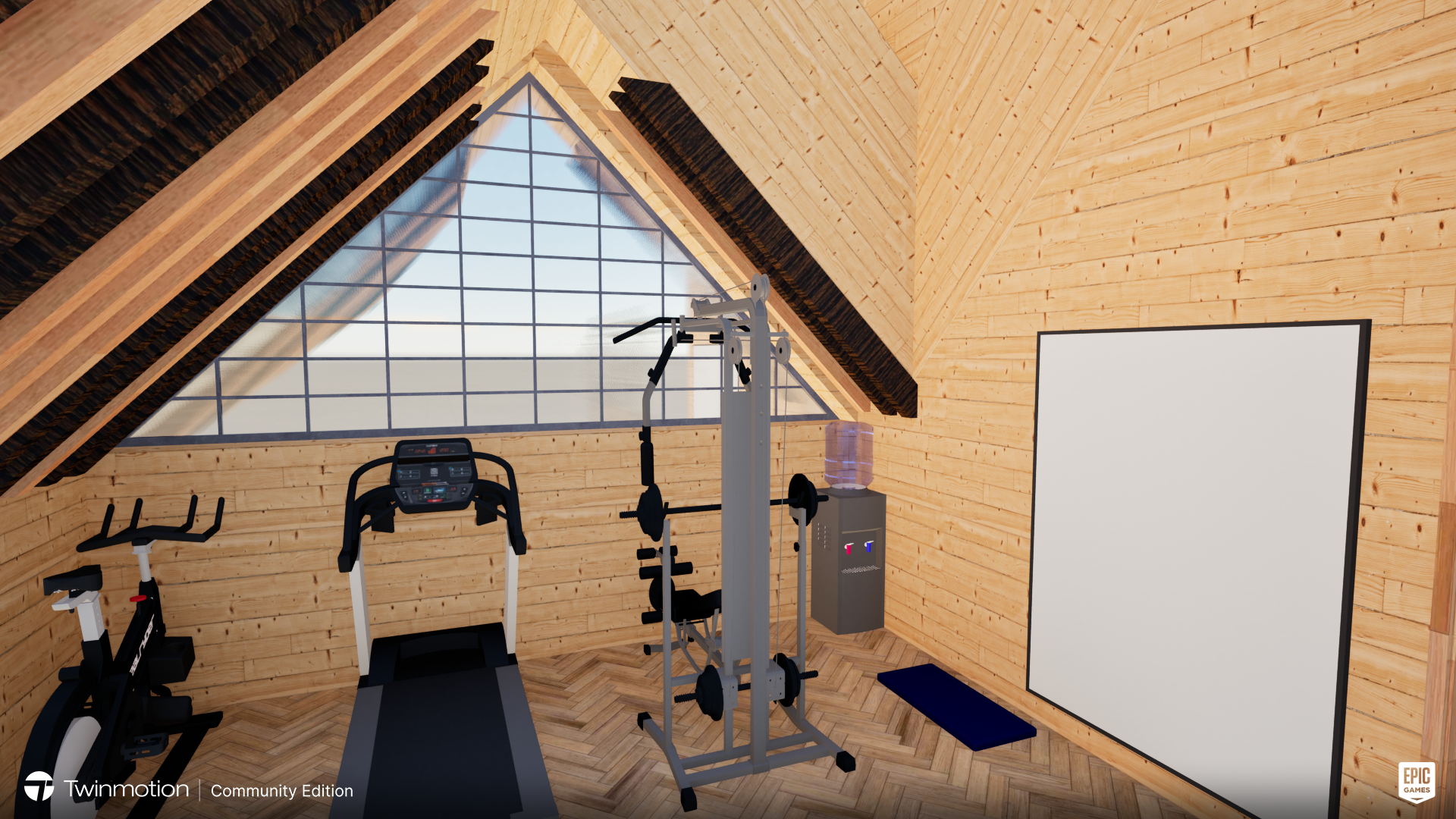 Wooden attic gym with exercise equipment, including a treadmill, stationary bike, weight machine, and large window.