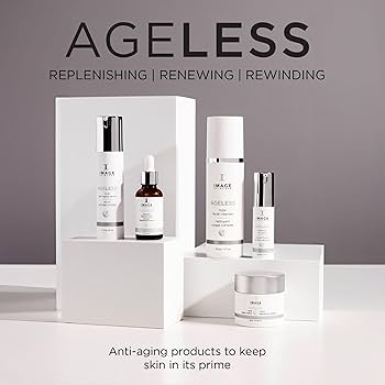 A display of Ageless skincare products with bottles and jars, promoting anti-aging benefits on a minimalist background.