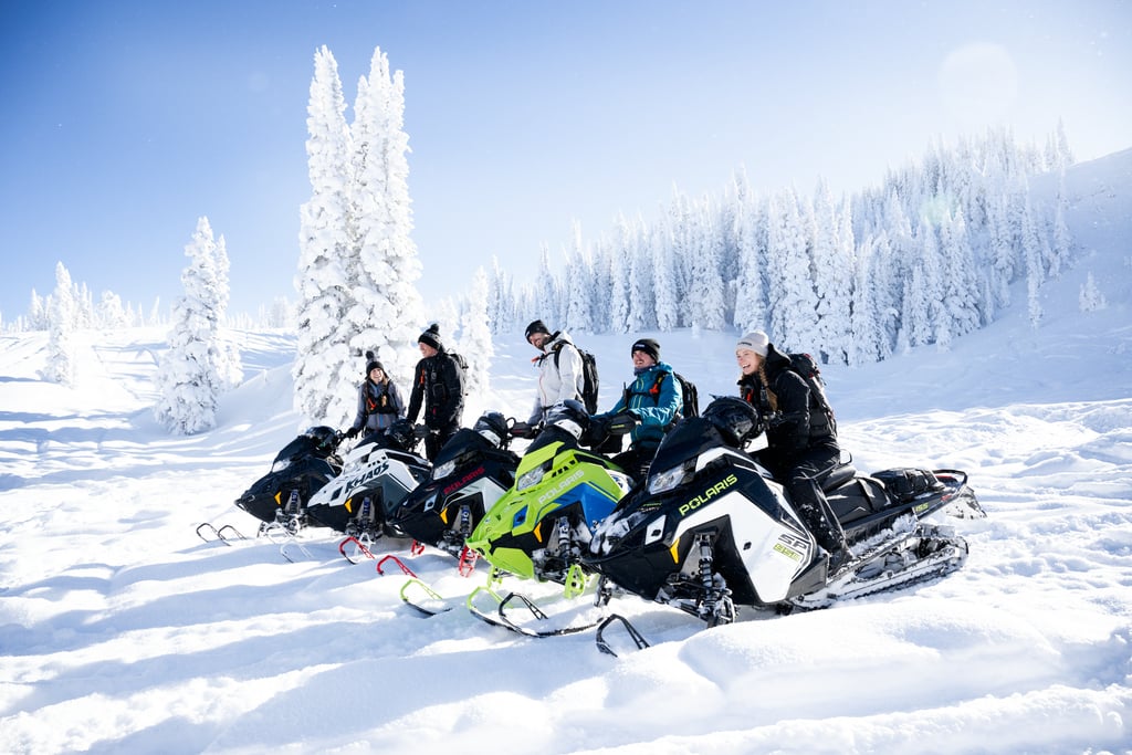 Snowmobile rider in deep powder snow on mountain terrain