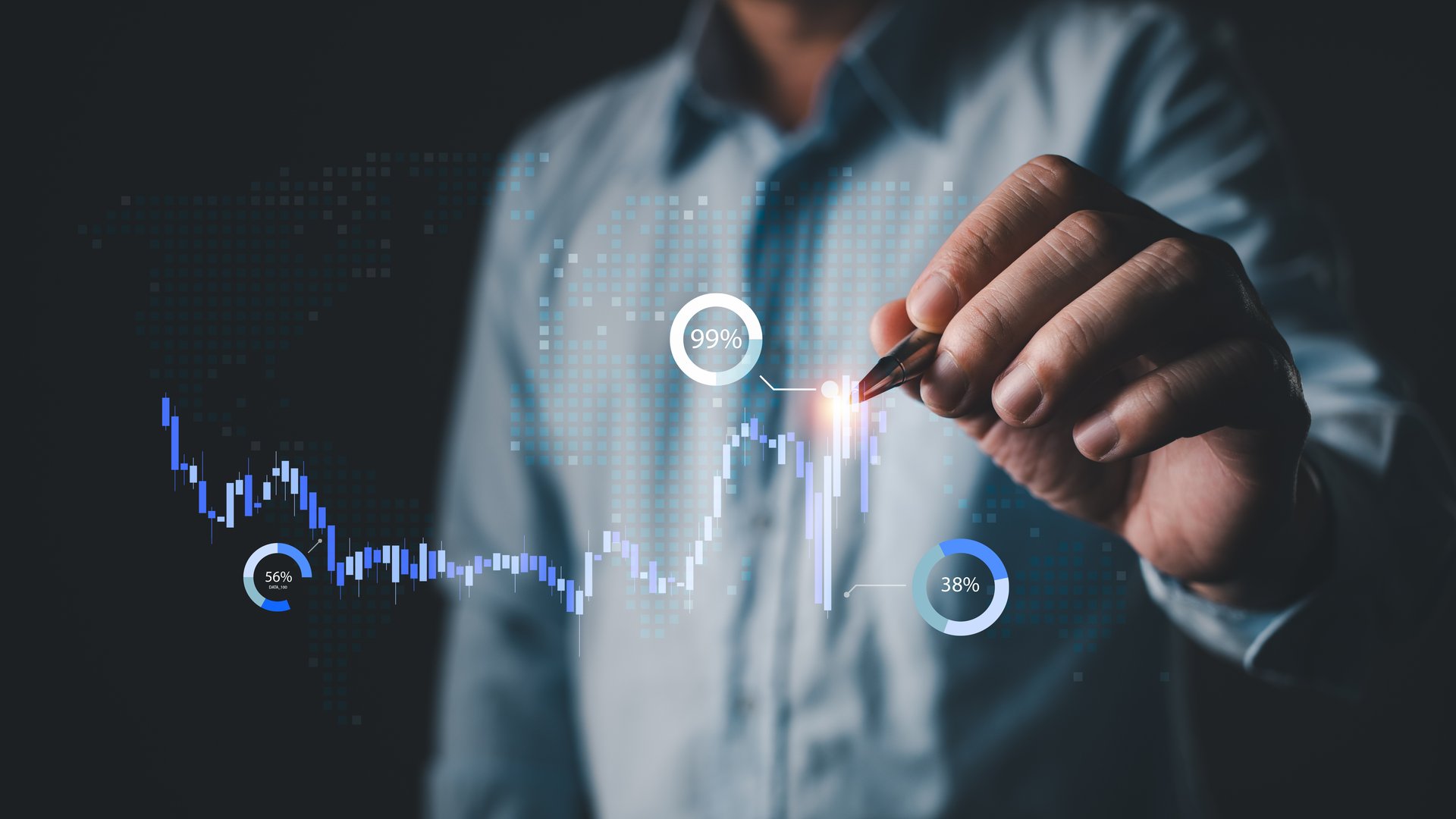 A professional analyzes digital stock market graphs with glowing indicators and percentages, representing market trends, trading strategies, and data-driven investment decisions.