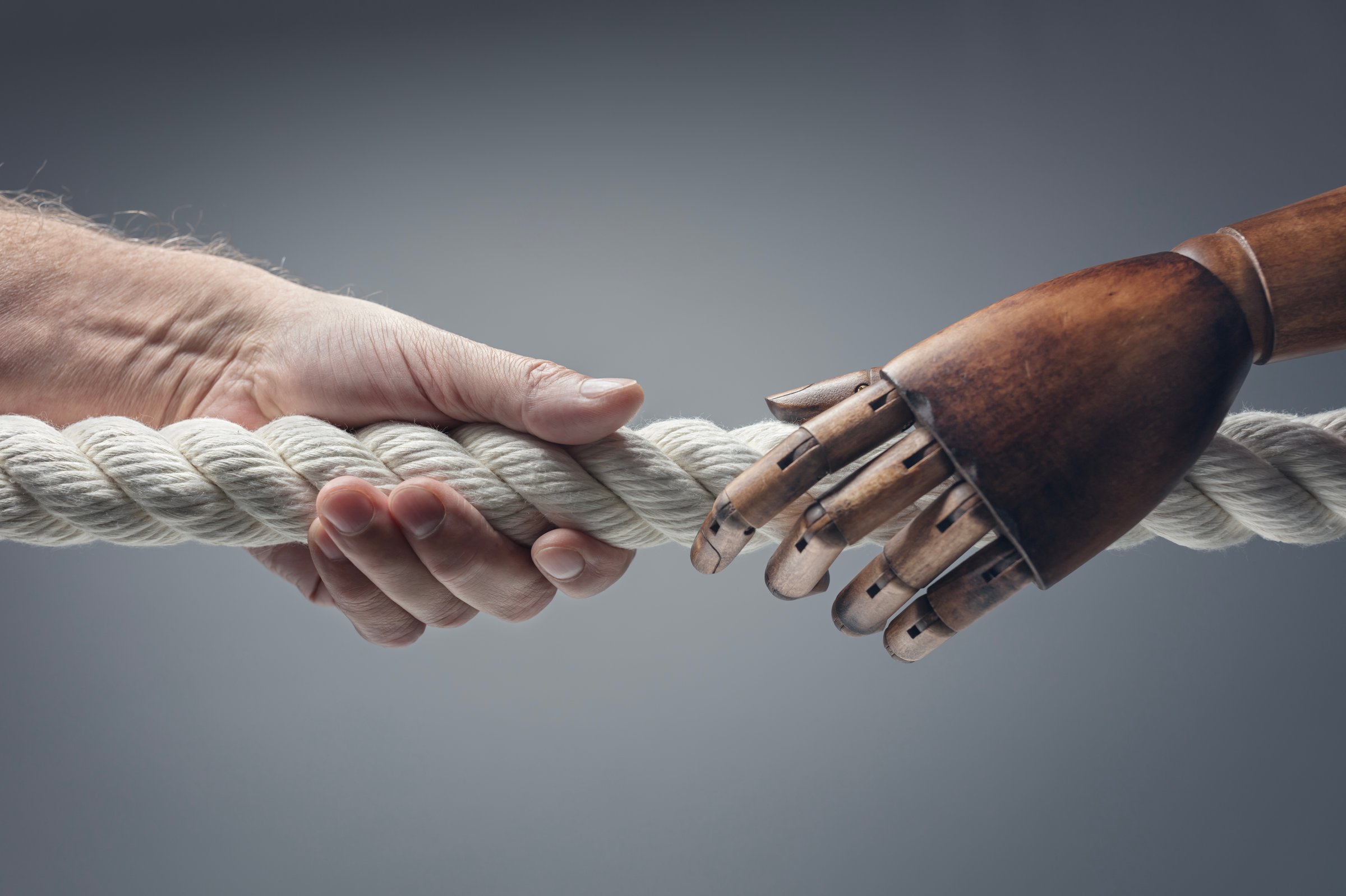 Tug Of War competition, human versus artificial intelligence, conflict, rivalry, takeover challenge concept