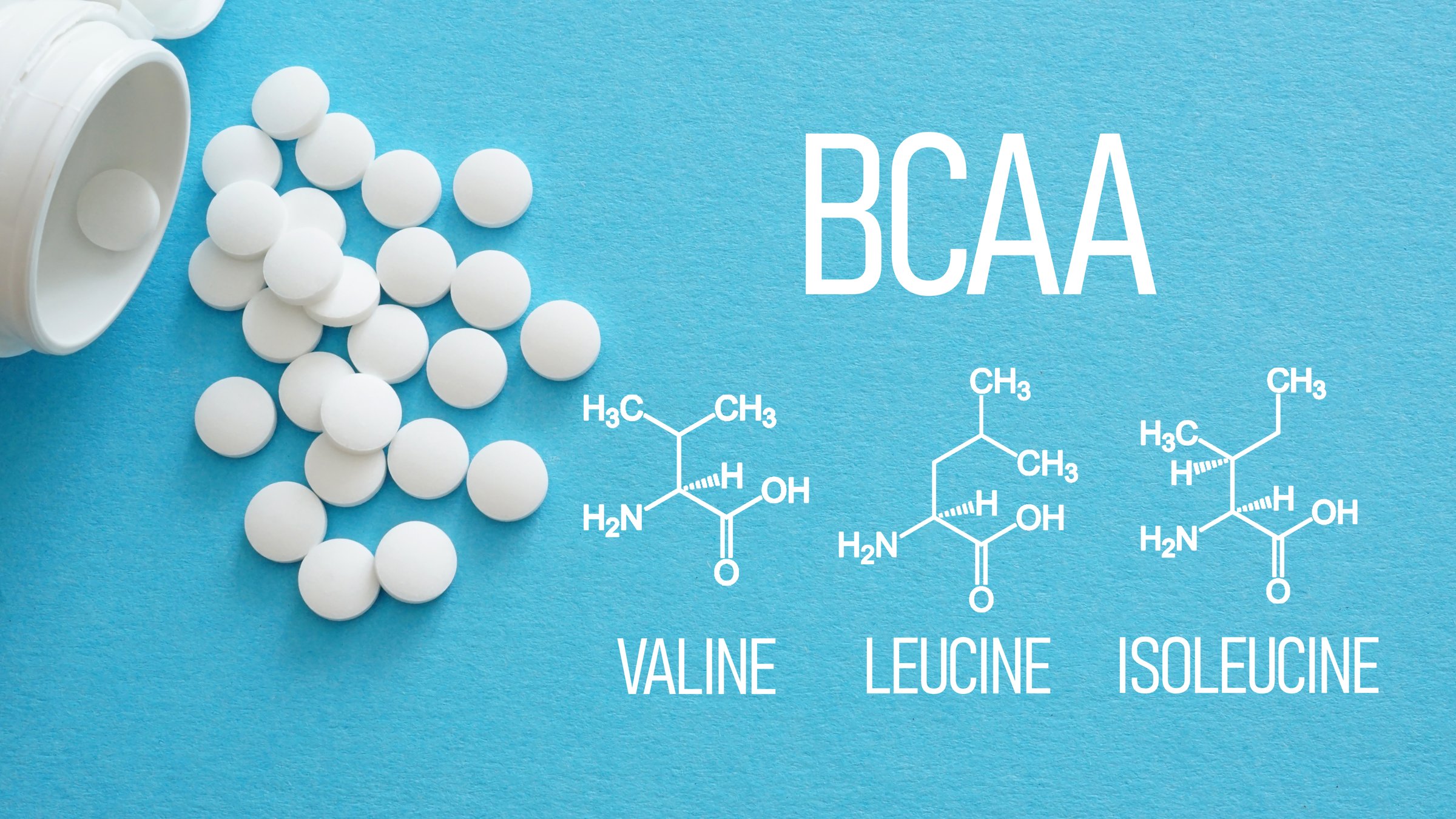 BCAA branched-chain amino acids - valine, leucine and isoleucine are shown using pills with the text and chemical formula