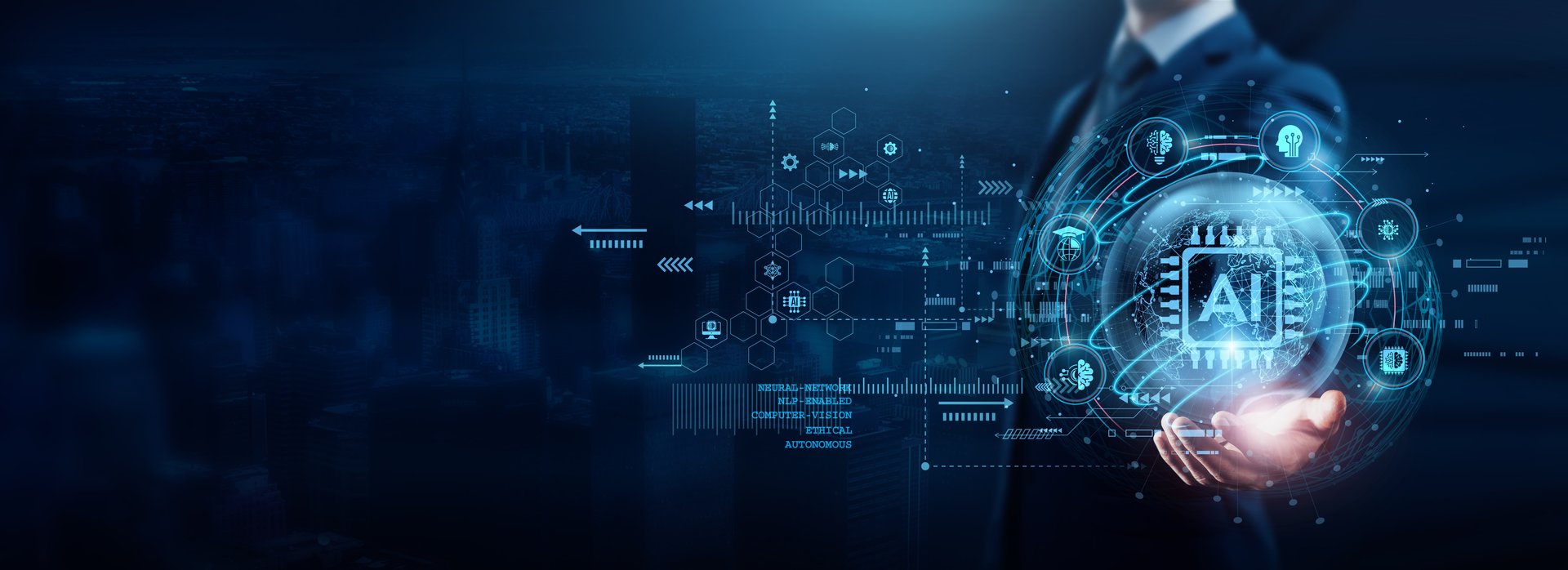 AI. Businessman holding artificial intelligence solutions to automate processes. Leveraging AI to enhance decision-making and drive innovation across industries.