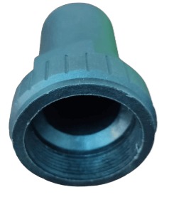 Close-up of a threaded cylindrical plastic pipe fitting with ribbed texture.