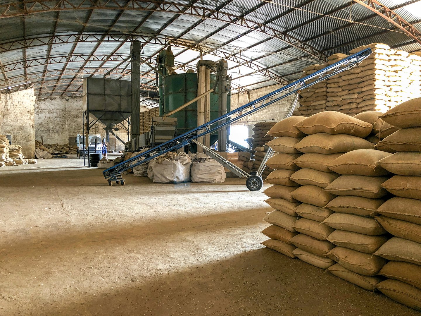 Stock of coffee in a warehouse.