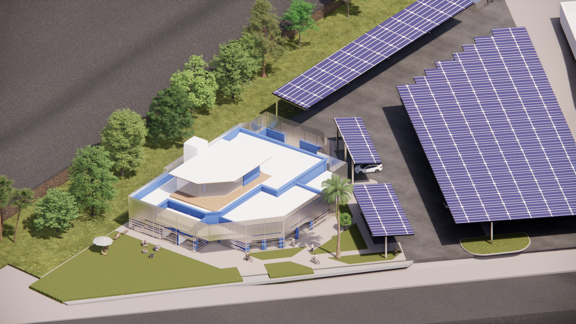 Render of a modern building with solar panels on the roof and parking area, surrounded by trees and green space.