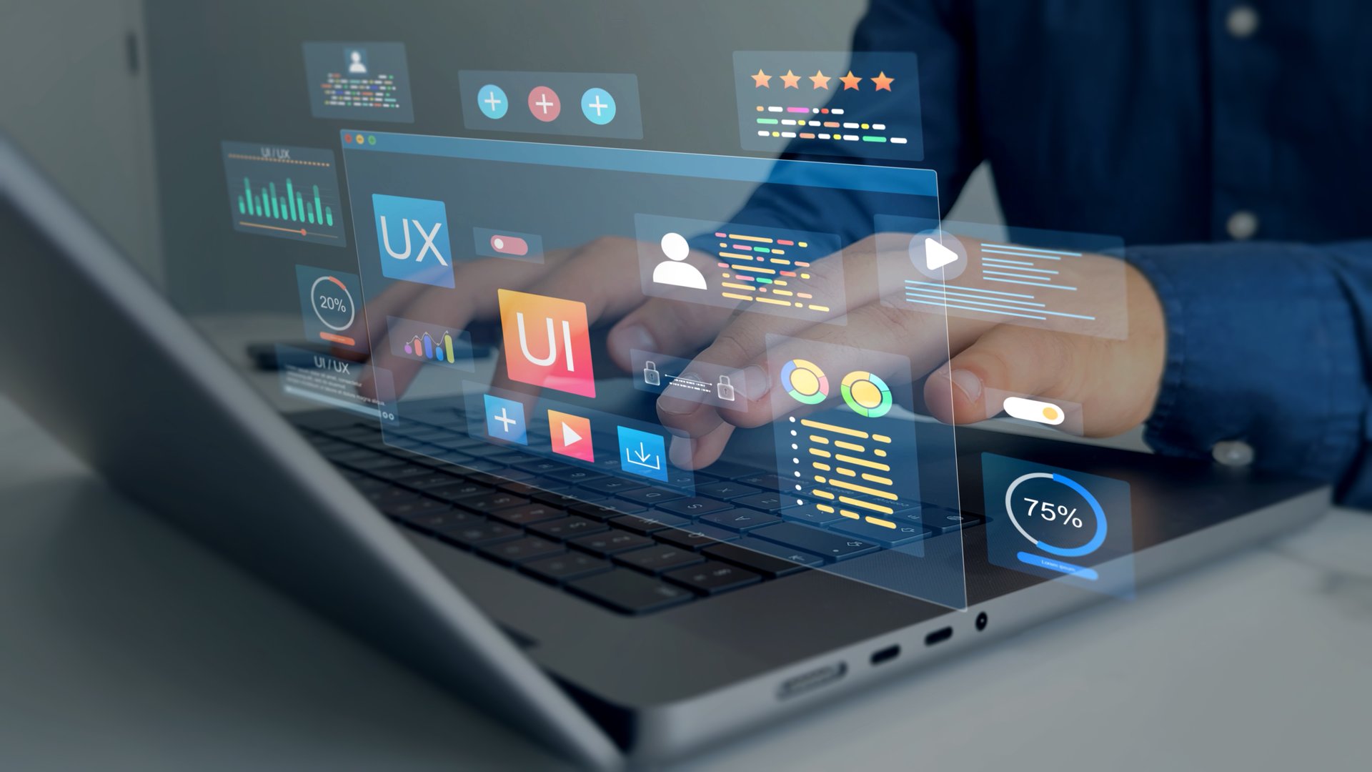 UX-UI design web and user design development.Holographic UIUX, display icons of UX-UI designer, creative planning, data visualization. Web design, application design,coding develop