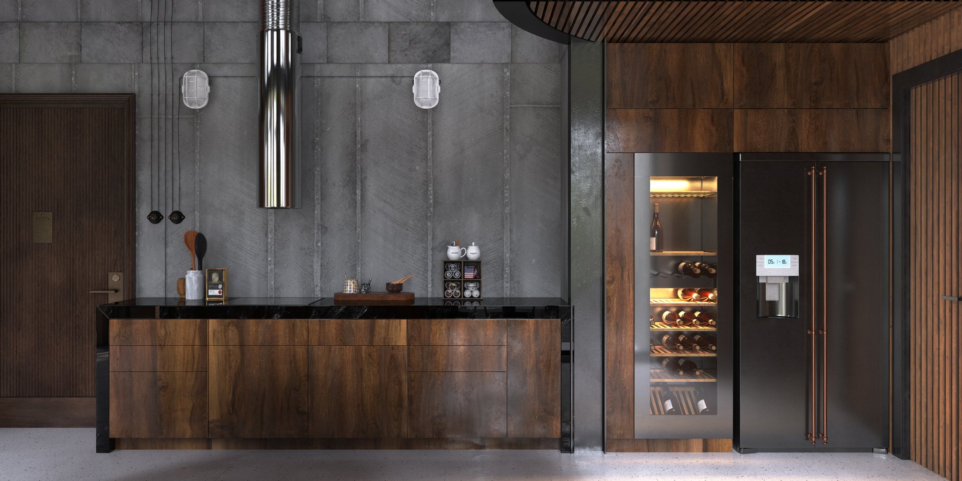 Modern industrial-style kitchen with wood and metal finishes. 3d render