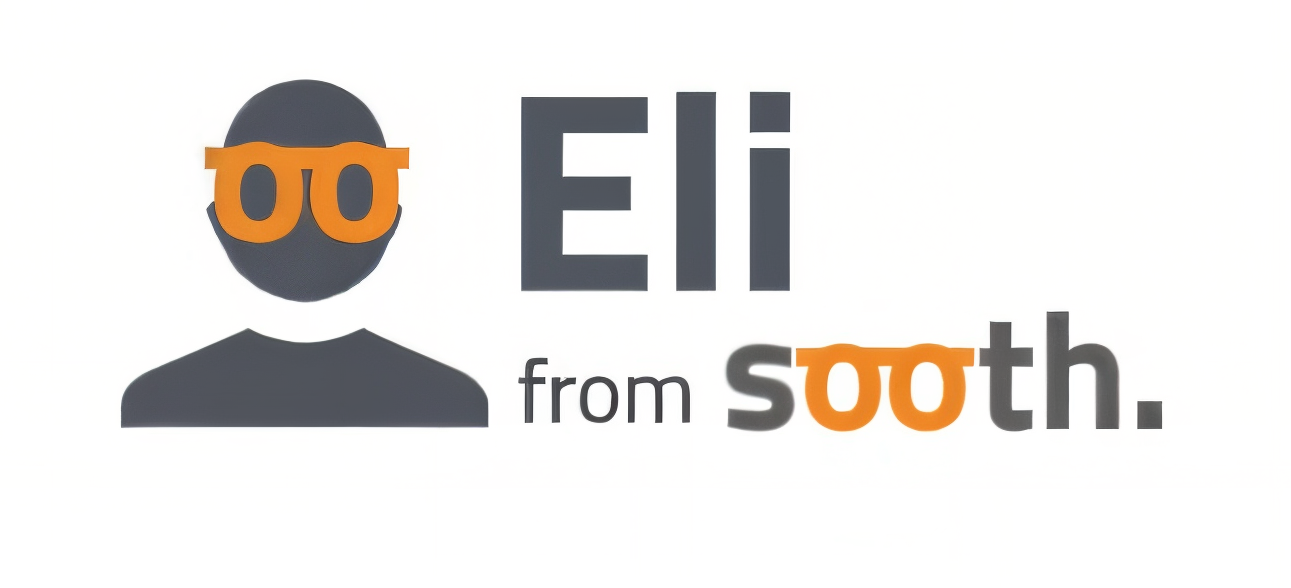 Stylized logo with a silhouette wearing orange glasses, the name Eli, and the brand sooth in gray and orange.