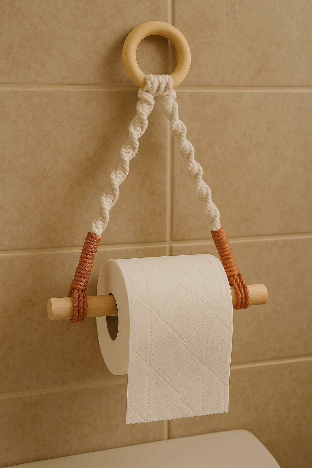 A toilet paper roll on a wooden holder with macrame rope hanger, mounted on a beige tiled wall.