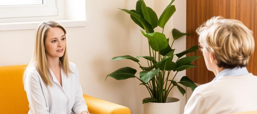 Two women talking in a bright room with a large plant; one is seated on a yellow couch facing the other.
