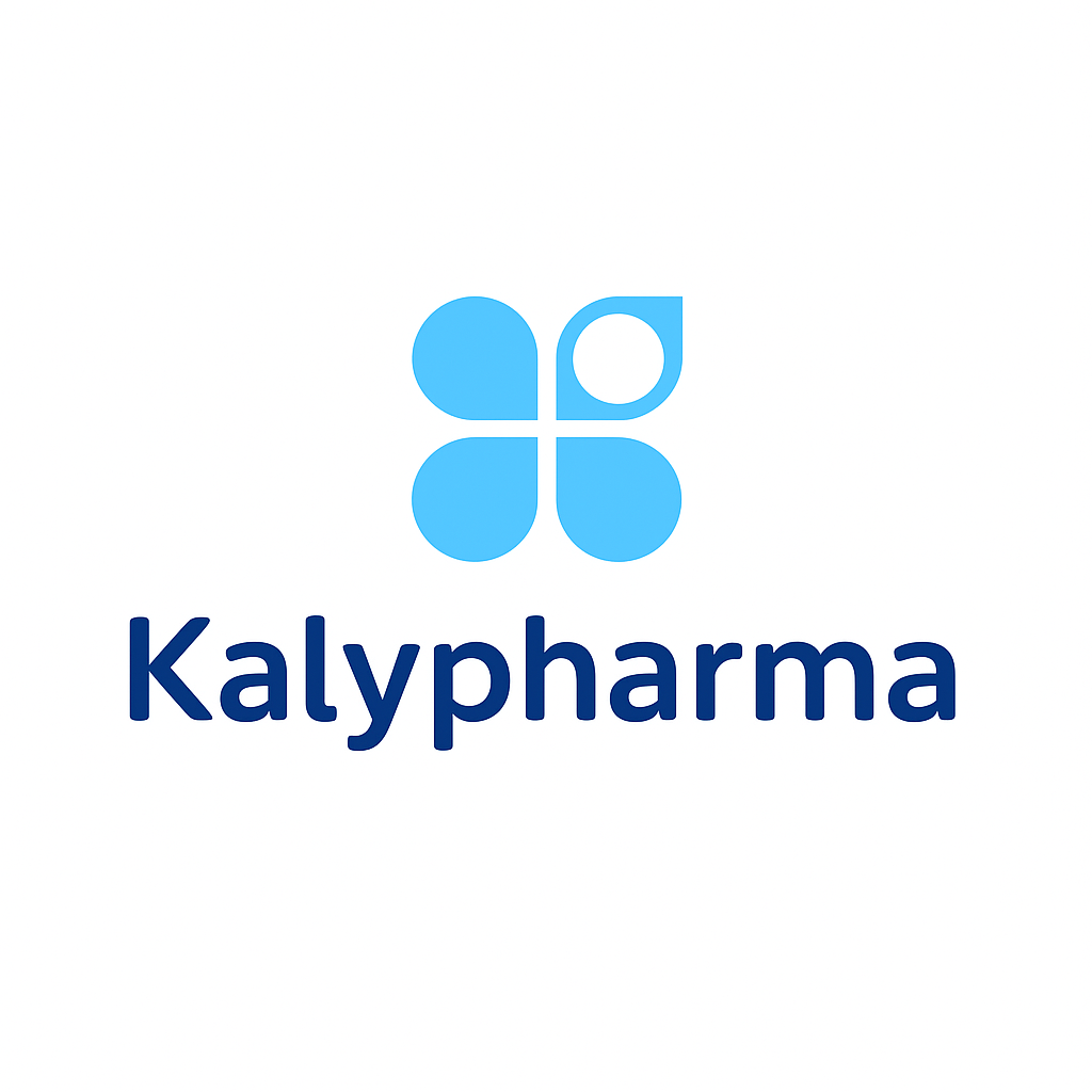 Logo of 'Kalypharma' featuring a blue abstract floral design above the company name on a white background.