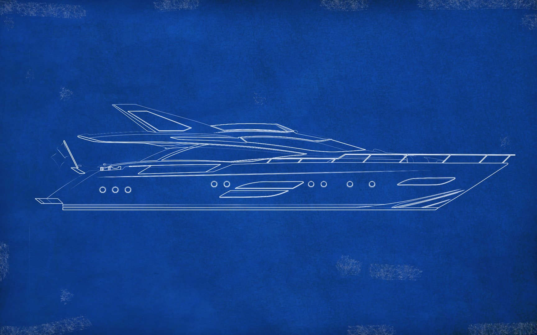 Photoshop rendered blueprint of a modern yacht design.