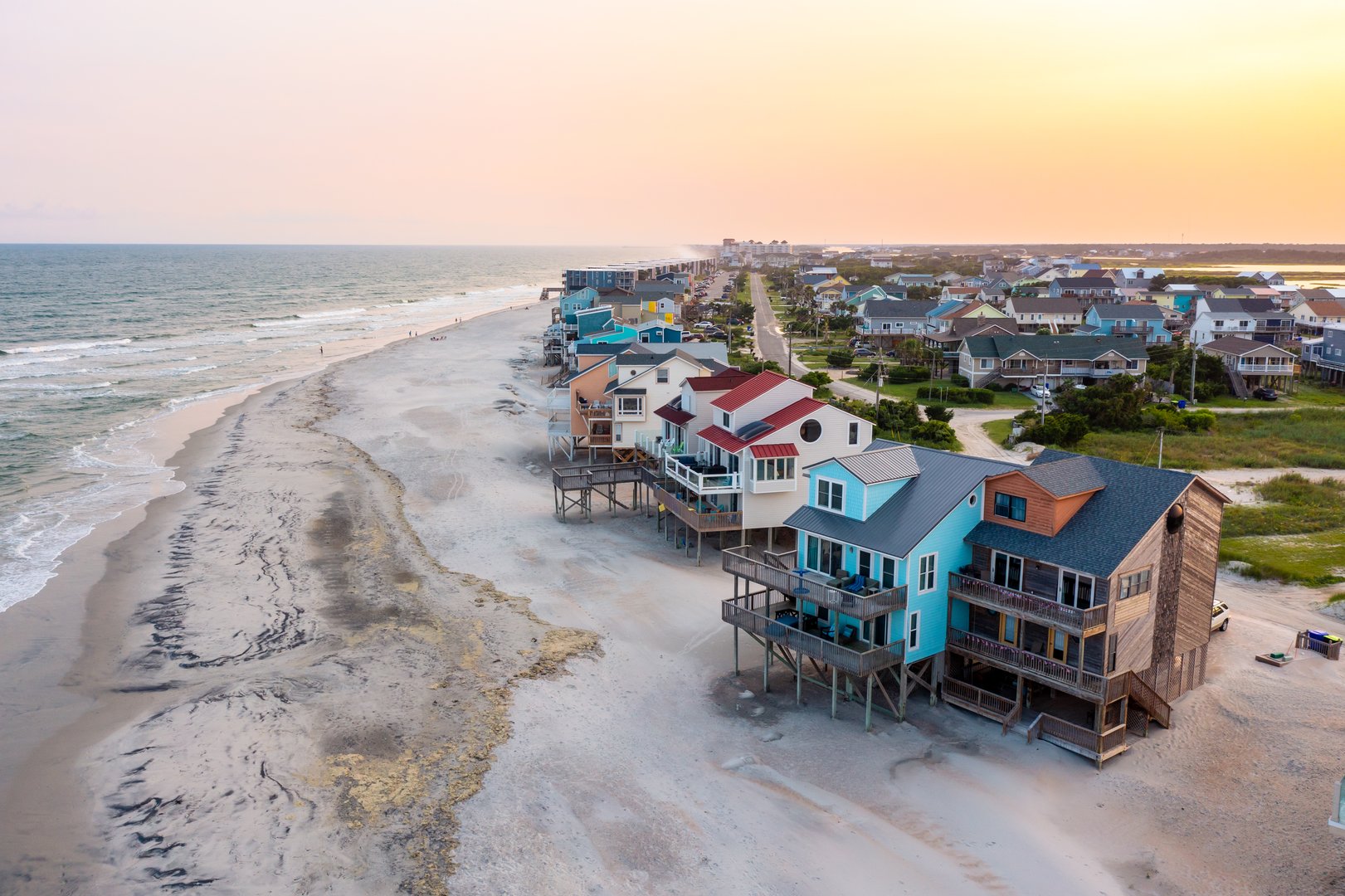 Aerial View of Beach Homes Looking Down the Coast on North Topsail Beach Island