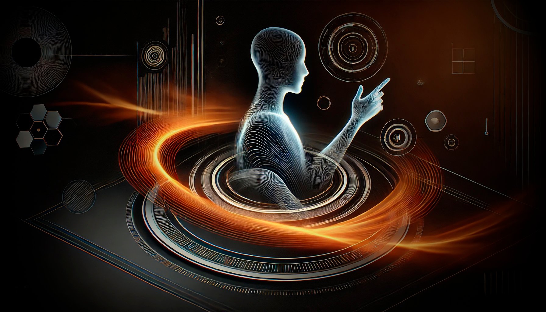 Futuristic humanoid figure interacting with digital interfaces, surrounded by swirling orange and blue light.