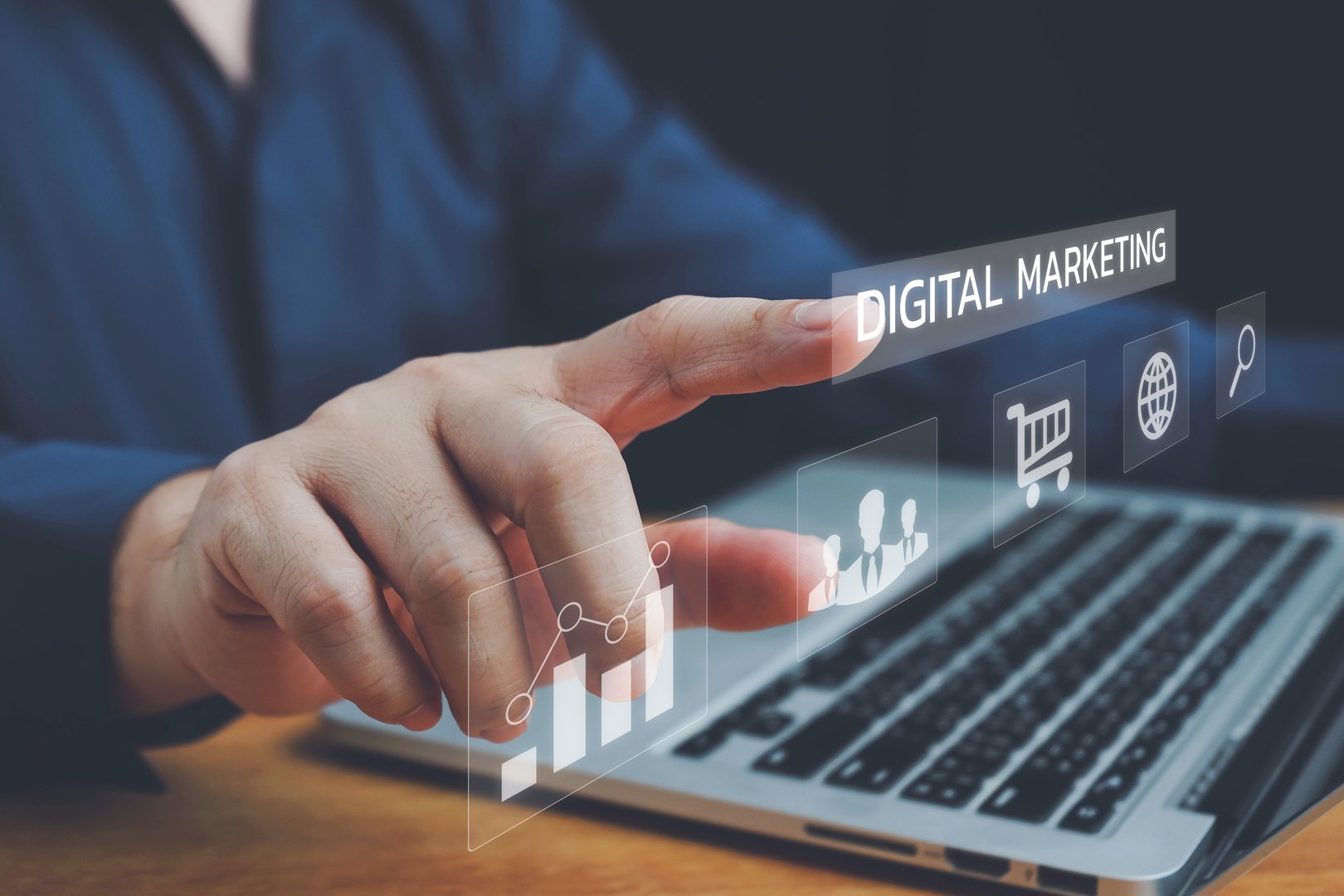 Digital Marketing Media Technology Graphic Concept, Businessman using mobile smart phone. application technology and digital marketing, Financial and banking, Digital link tech, big data.