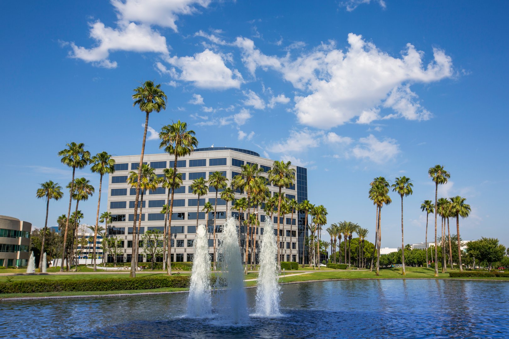 Day time ground level view of the modern Ontario, California skyline.