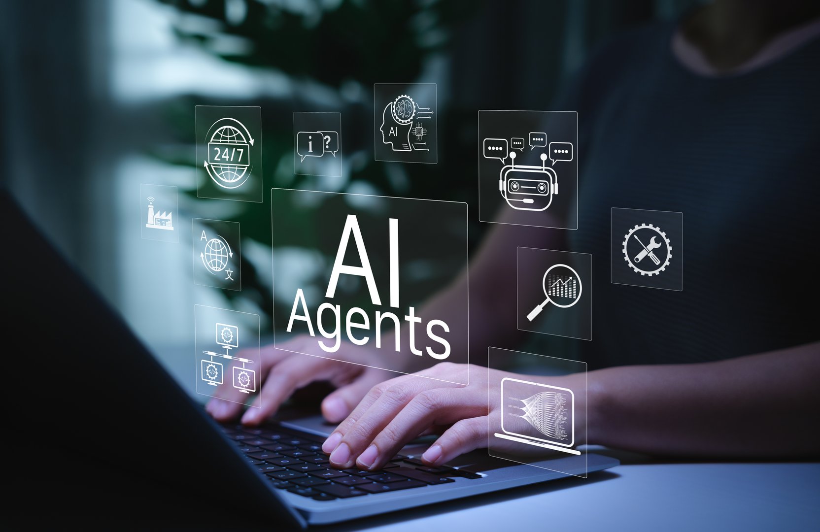 AI Agent Technology for Automation and Virtual Assistance. Person using laptop with AI agents icons, smart assistant, artificial intelligence elements, automated, chatbot, and intelligent systems.