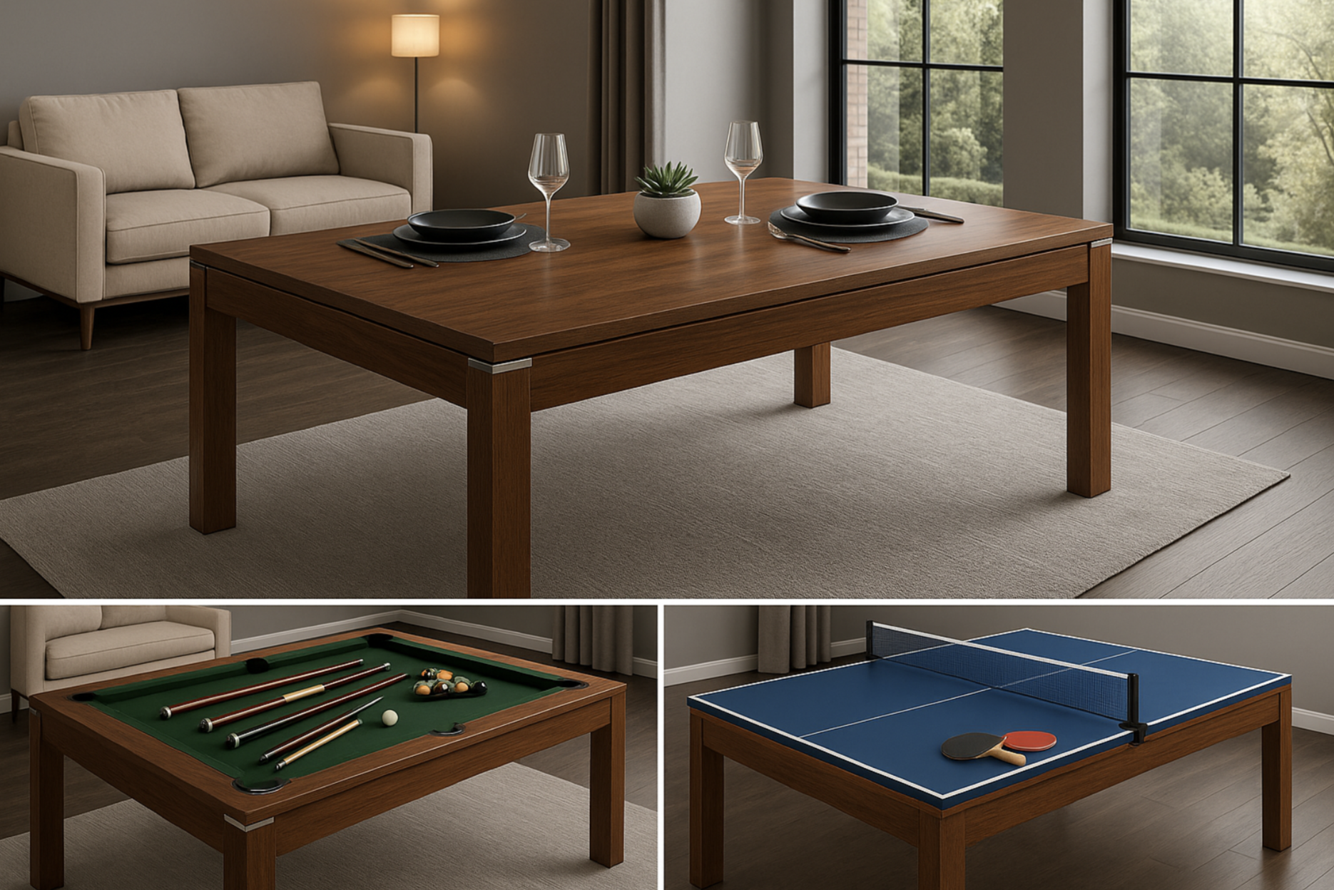 Convertible table used for dining, pool, and table tennis with wooden finish in a modern living room setting.