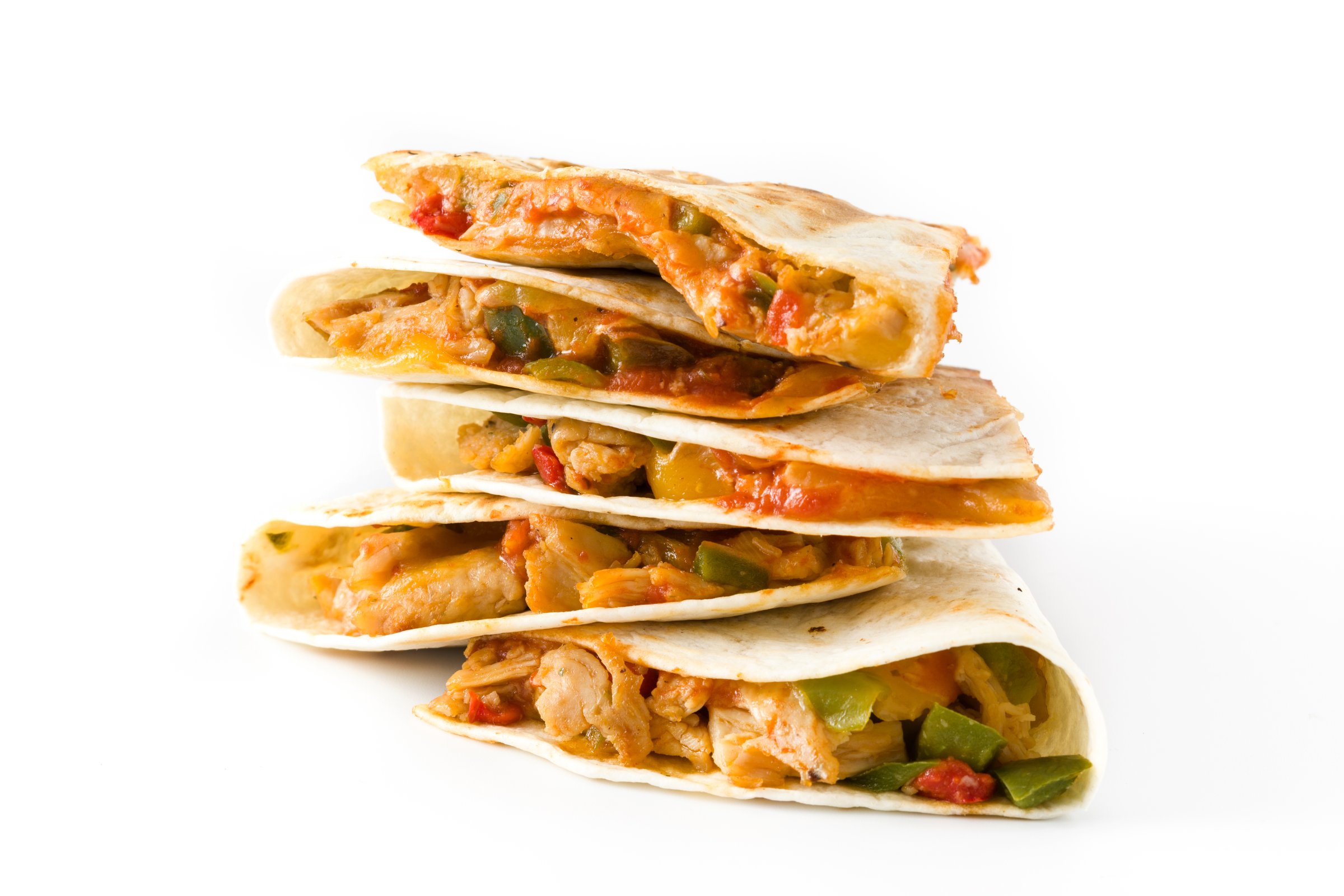 Mexican quesadillas with chicken, cheese and peppers, isolated on white background