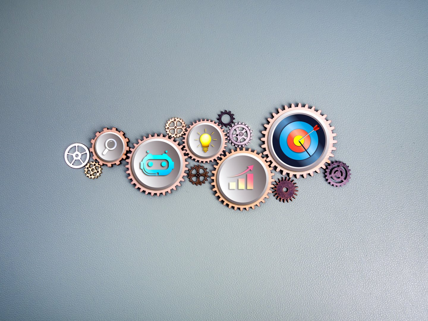 Business strategy with AI assistance service technology concept. Target goal icon with artificial intelligence searching tools, growth graph and ideas symbols on workflow gears, blue background.