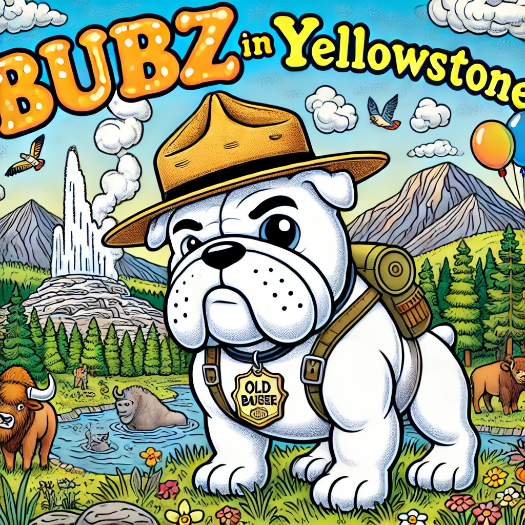 Cartoon bulldog wearing a ranger hat in Yellowstone, surrounded by wildlife, geysers, and mountains. Text reads: Bubz in Yellowstone.