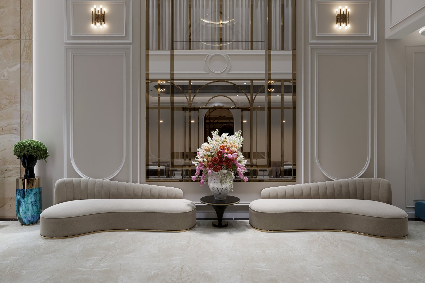 stylist and royal interior design or living area or reception in modern con, space for 3d render