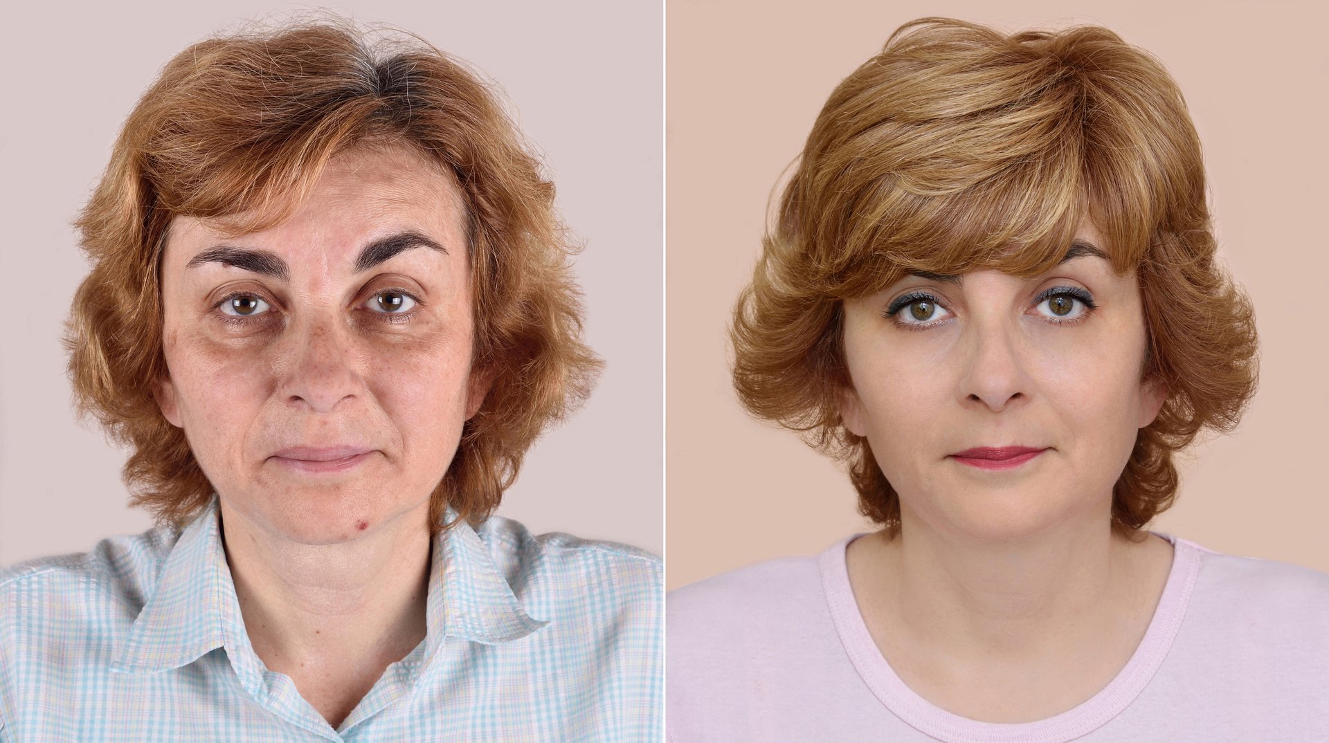 A set of two portraits of the same woman, one before and the other after applying make-up and hairstyling