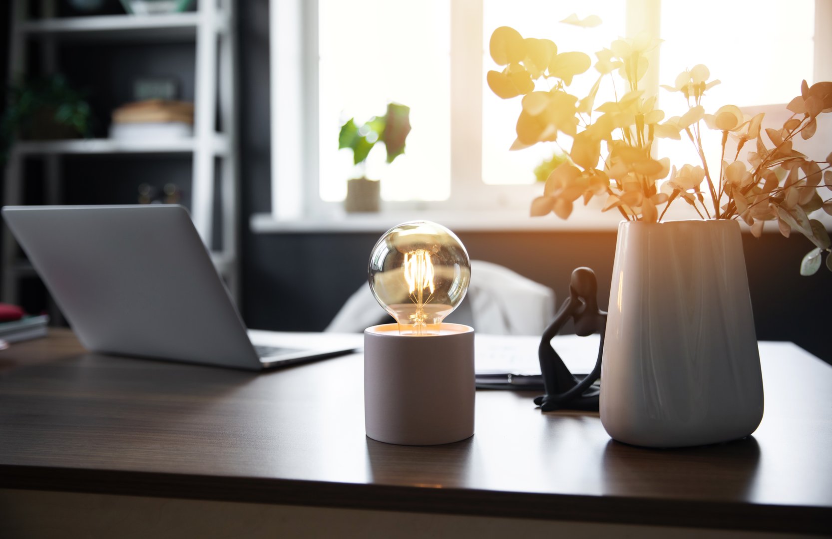 A cozy workspace with a laptop on a wooden desk, a glowing light bulb, and a vase of dried flowers. Sunlight softly filters through the window, creating a warm and inviting atmosphere.