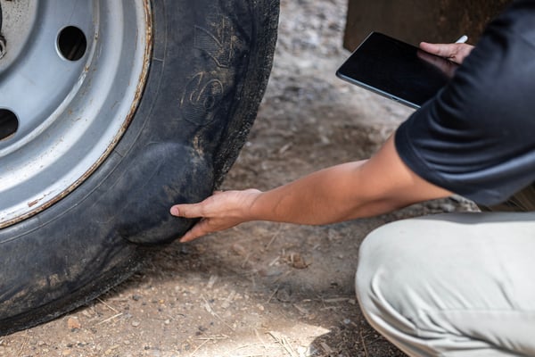 A man is kneeling down and looking at a tire. He is holding a tablet in his hand