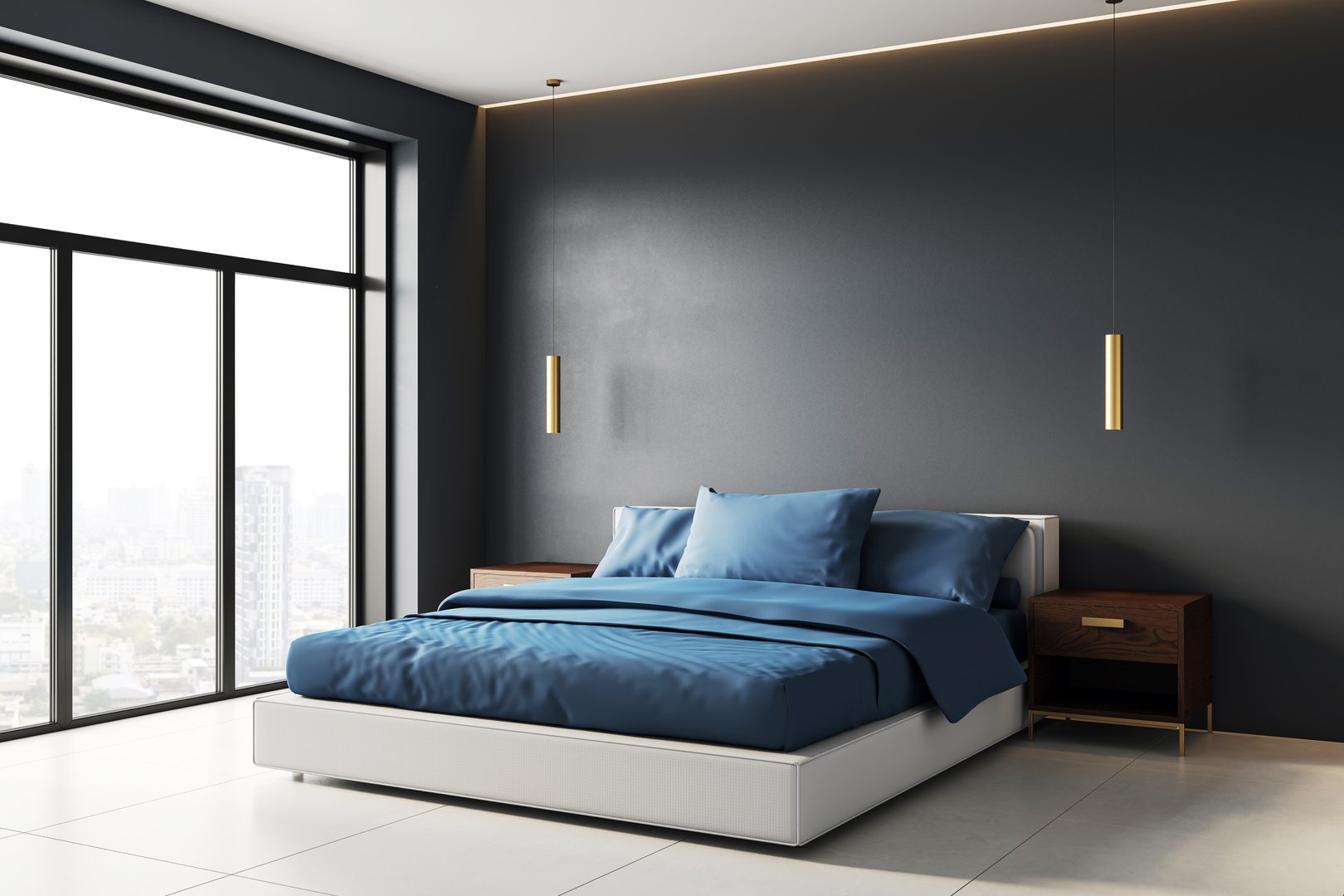 Contemporary bedroom with blue bedding, dark wall, pendant lights, and panoramic city view through large window. 3D Rendering