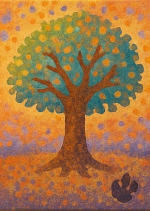 Colorful dinosaur painting of a tree with vibrant colors