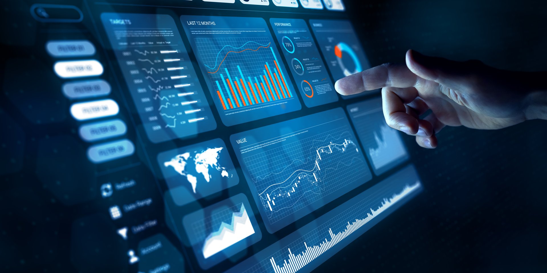 Analyst working with Financial Data and Business Analytics Dashboard on computer to make Financial Report with KPI and Metrics. Investment, Corporate Finance, Strategy, Operations, Sales.