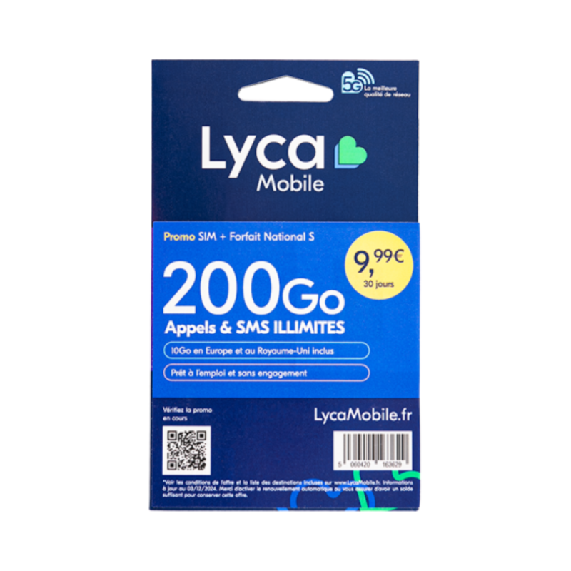 Carte SIM prépayée Lyca Mobile illimitée 200 Go d'internet sans abonnement