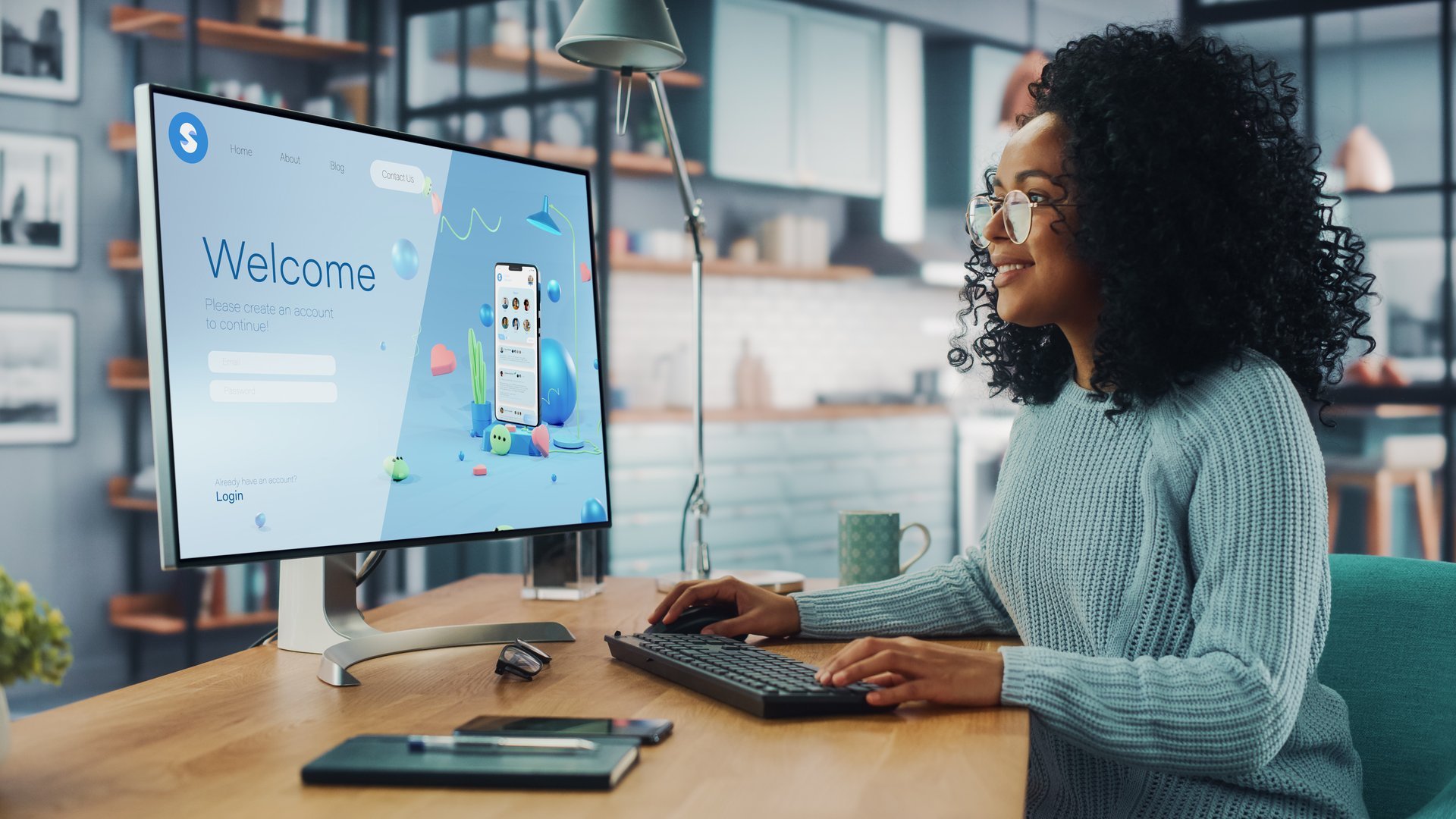 Professional woman using computer dashboard interface