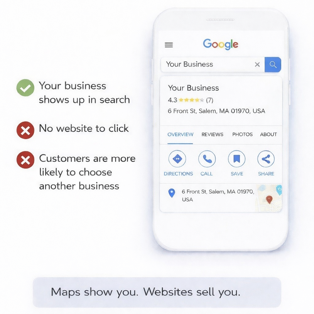 Before and after: Google Maps listing only vs Google Maps + NearMeSearch.ai website